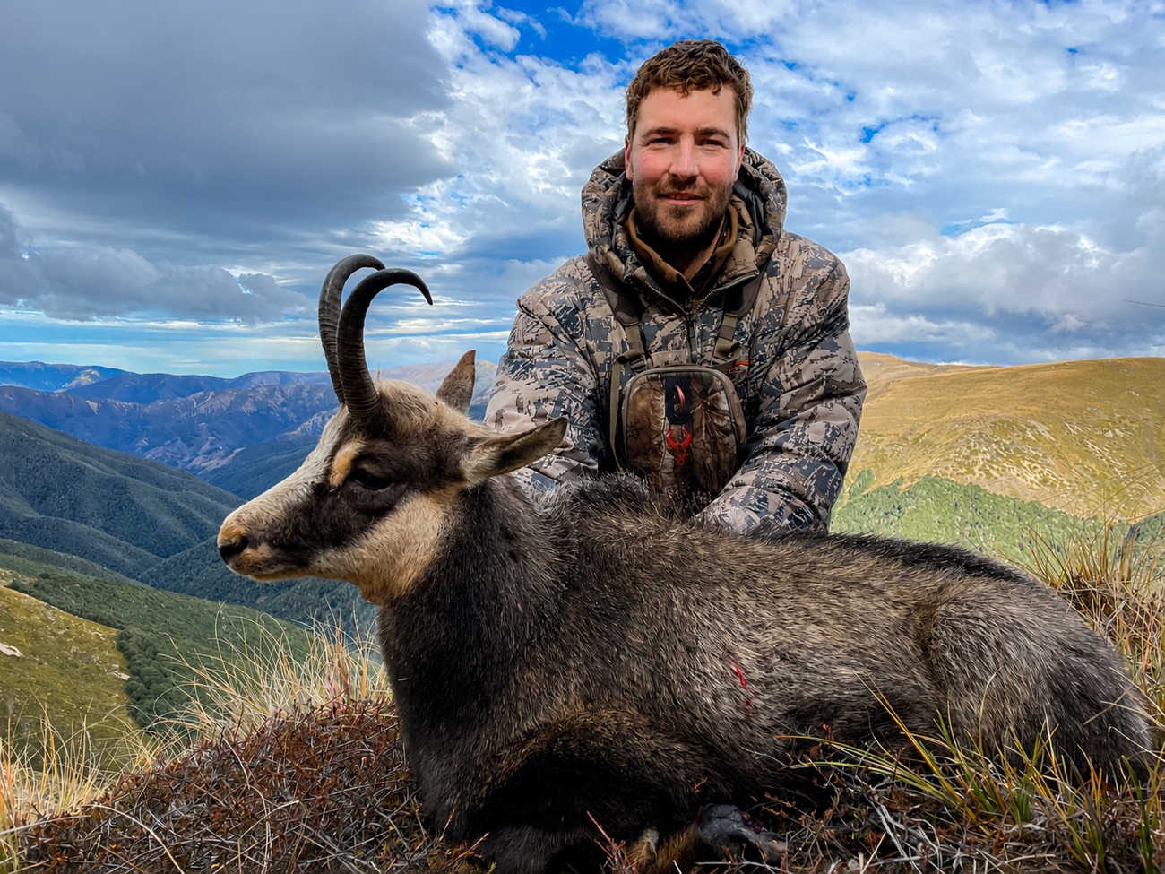 Hunter with a bull tahr at Mesopotamia Station